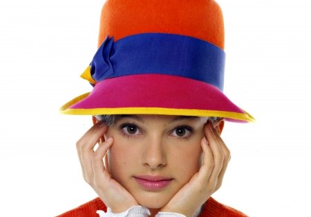 Natalie Portman - woman, actress, hat, girl, colorful, funny, white, yellow, blue, red, natalie portman