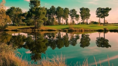 Lake Reflection - trees, park, green water, river