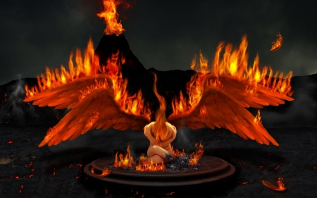 REBIRTH OF THE PHOENIX - PHOENIX, ASHES, WINGS, FIRE, FEMALE, RED