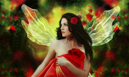 FAIRYTALE - female, red, wings, fairy, rose