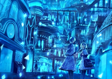 In the blue city - manga, fantasy, anime, people, blue, sakimori, girl, luminos