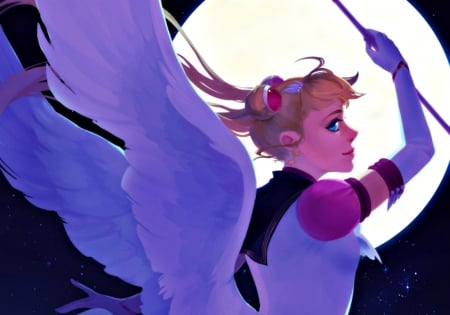 Sailor Moon - purple, pink, black, anime, serenity, girl, luna, manga, wings, white, leicarna, sailor moon, moon, angel