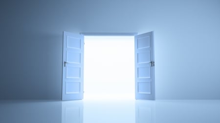 Open doors - white, open, door, fantasy, blue