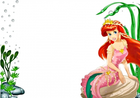 Arielle - water, girl, little mermaid, pink, fantasy, white, redhead, red, green, bubbles, movie, disney