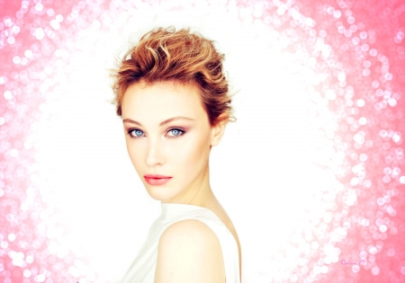 Sarah Gadon - woman, bokeh, actress, sarah gadon, redhead, girl, white, pink, by cehenot