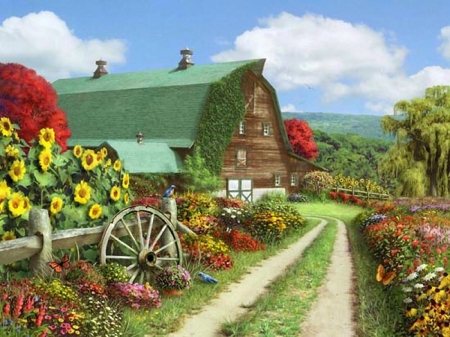 Silence of the Valley - attractions in dreams, valley, sunflowers, houses, summer, gardens, nature, love four seasons, walkway, flowers, butterfly designs, cartwheel