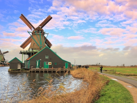 Windmill in the Netherlands - sky, field, road, clouds