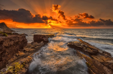 Sea sunset - sands, sky, beautiful, shore, sunset, sea, rocks, waves