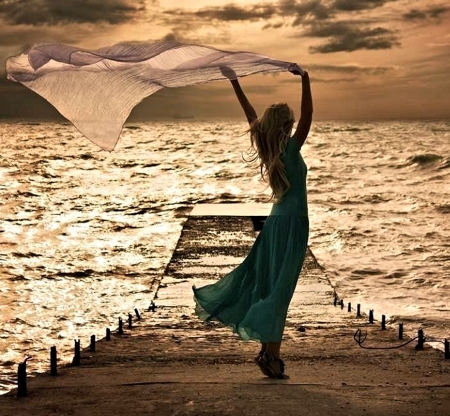 Windy Day - woman, windy, pretty, sea