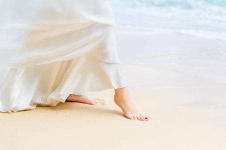 Ocean at my feet - women, ocean, beach, waling, bride, sand, waves