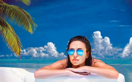 Day In Paradise - woman, sunglass, sky, clouds, water