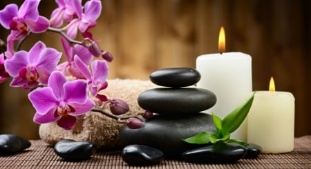 Spa - leaves, candle, flowers, stones