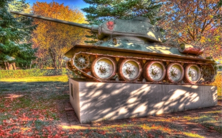 monument of a WWII russian t-34 tank hdr - trees, monument, autumn, tank, hdr, WWII