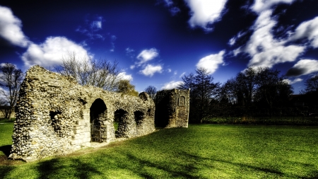 old stone ruins under blue sky hdr - sky, ruins, clouds, hdr, stones, gtass, old