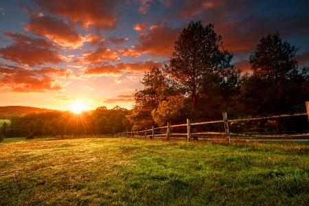 Sunset - summer, red, meadow, road, beautiful, amazing, grass, sky, fence, clouds, field, sunset