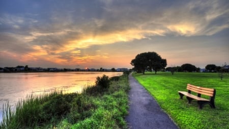 beautiful sunset - lake, lawn, park, track, shop