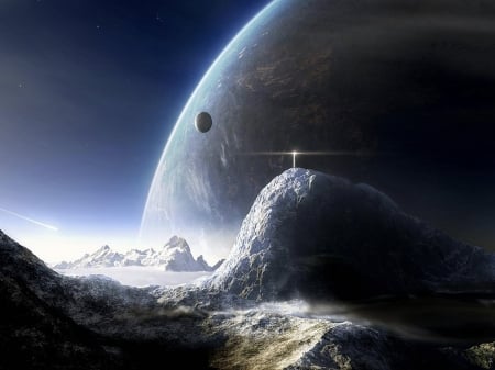 Space art - planet, beautiful, earth, mountain, space, colorful, universe, art, galaxy