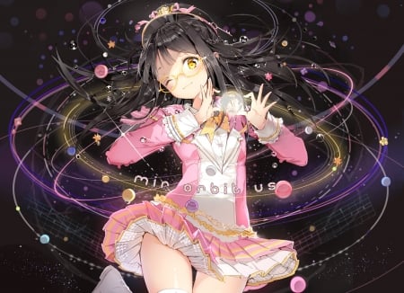 Mir Orbit Us - space, planets, anime, dress, black hair, girl