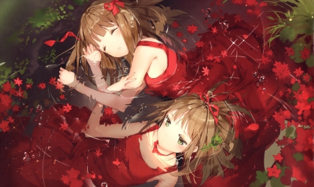 ~Together Always~ - anime, water, twins, red dresses, sisters, sleeping, leaves