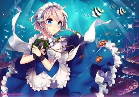 ~A Heart For You~ - izayoi sakuya, touhou, bubbles, fish, anime, ocean, dress, underwater