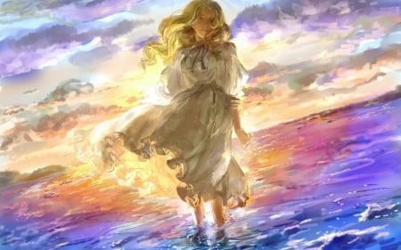 Seaside Day - women, fantasy, sunset, blonde, ocean, pastel