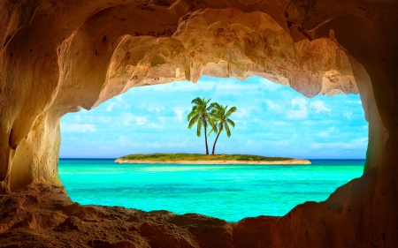 Sea Cave View of Island - cave, nature, island, tree, palm