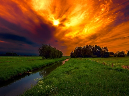 Steady Light Without Flame. - sky, trees, canal, field, steam, nature, glow, clouds, grass