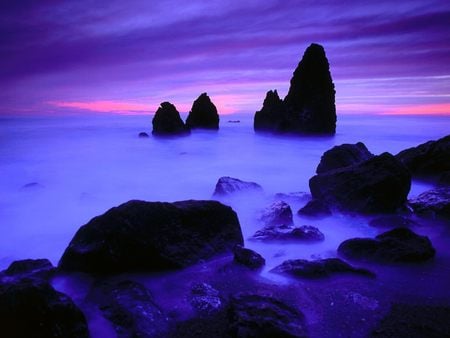 Rodeo Beach, Marin County, California - stone, beaches, sky, smoke, water, mist, rocks, nature, picture, oceans, sunsets, twilight, fog, neon beauty, haze