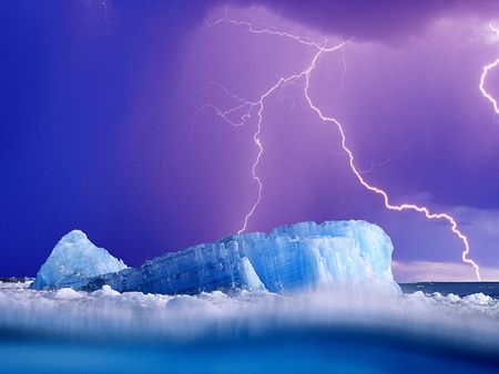 Ice Cold Lightning - ice cold, forces, winter, blue, skies, ice, white, nature, purple, electric, lightning, ice berg