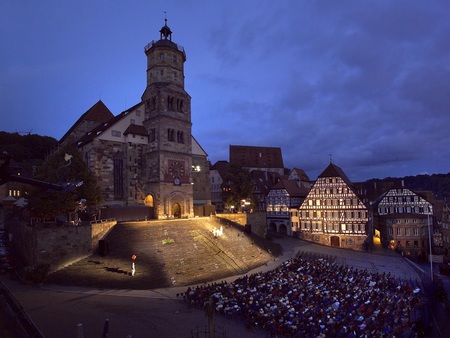 steps - xp, hohenlohe, skyline, night, steps, church, desktop, croud, windows vista, old, theatre, hall, schwaebisch hall, houses, south, tower, windows, cool, cityscape, vista, sanct michael, germany, lights, schwabe, old town, building