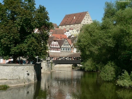 OLD TOWN - desktop, summer, wallpaper, old town, vista, bridge, kocher, xp, river, windows, south, schwaebisch hall, germany, cool, water, windows vista, old, holiday, druffix, romantic