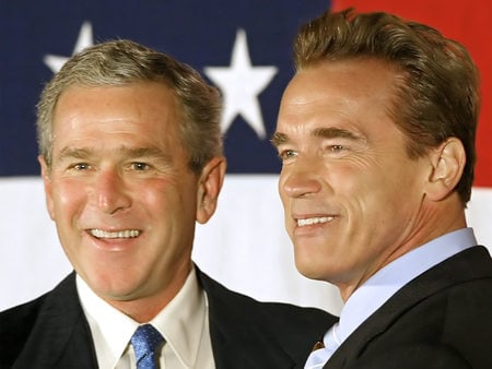 George Bush and Arnold Schwarzenegger - cretins, unpopular, george bush, morons, arnold schwarzenegger