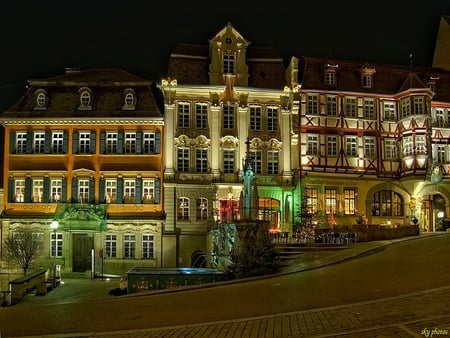 German Market Place - germany, shot, town, lights, night, market place, buildings