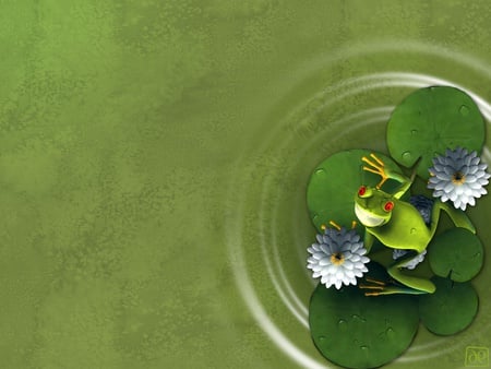 Green Froggy - pond, water lily pad, flowers, green frog, water ripples