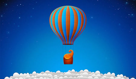 Flying Elephant - hot air balloon, blue sky, clouds, orange elephant