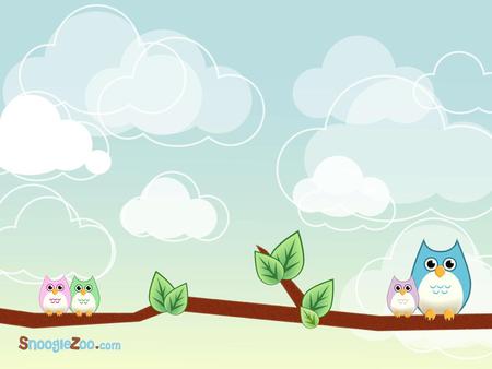 Owl Family - tree branch, sky, owls, clouds, family, leaves