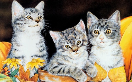 Delightful Kittens - art, kittens, flowers, 3 tabby cats, flower pots