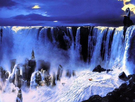 The Fantasy Waterfalls - moon, waterfalls, shore, water, rocks