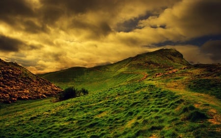 Beautiful Sunset Hill View - fields, hills, grass lands, sunset, nature, clouds, beautiful, skies, sunrise