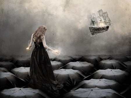 Calling ship of hope - abstract, fantasy, woman, ship, art