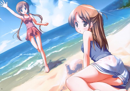 Friends at the Beach - beach, ocean, blushing, summer, smile, anime girl