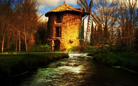 BOREA'S HOME - digital, landscape, river, photography, trees, windmill