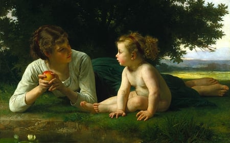 Temptation by Bouguereau - painter, pretty, elegant, female, romantic, amazing, realism, great, light, paris, colored, face, color, nice, france, other, painted, kid, beautiful, sensual, girl, beauty, lovely, cool, wonderful, picture, awesome, woman, painting, bouguereau, dreamy