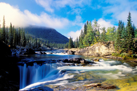 Nature At It's Finsest - skies, river, trees, nature, waterfall, forest, mountains