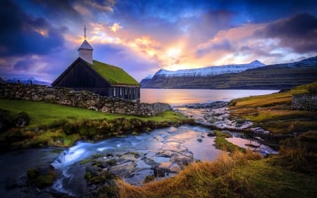 Faroe island - sky, lake, mountain, nature, church, river, beautiful, island, house, sunrise