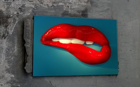 Temptation - red, fantasy, mouth, trash art, lips, lipstick, abstract, blue