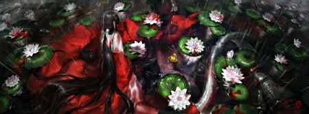 Mermaid - lotus, anime, water, geisha, original, kzcjimmy, girl, kimono, tail, manga, fantasy, mermaid, red, green, lake, art