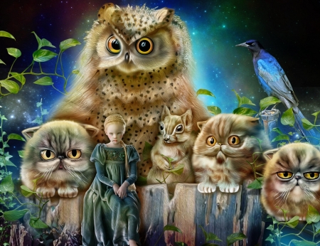 Friends - squirrel, cat, girl, fantasy, bird, art, blue, animal, owl, digital, blonde