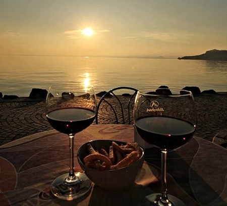 Wine and Sunset - nature, water, sunset, wine