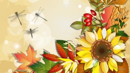 Dragonflies of Autumn - autumn, sunflowers, fall, vector, dragonflies, leaves, berries